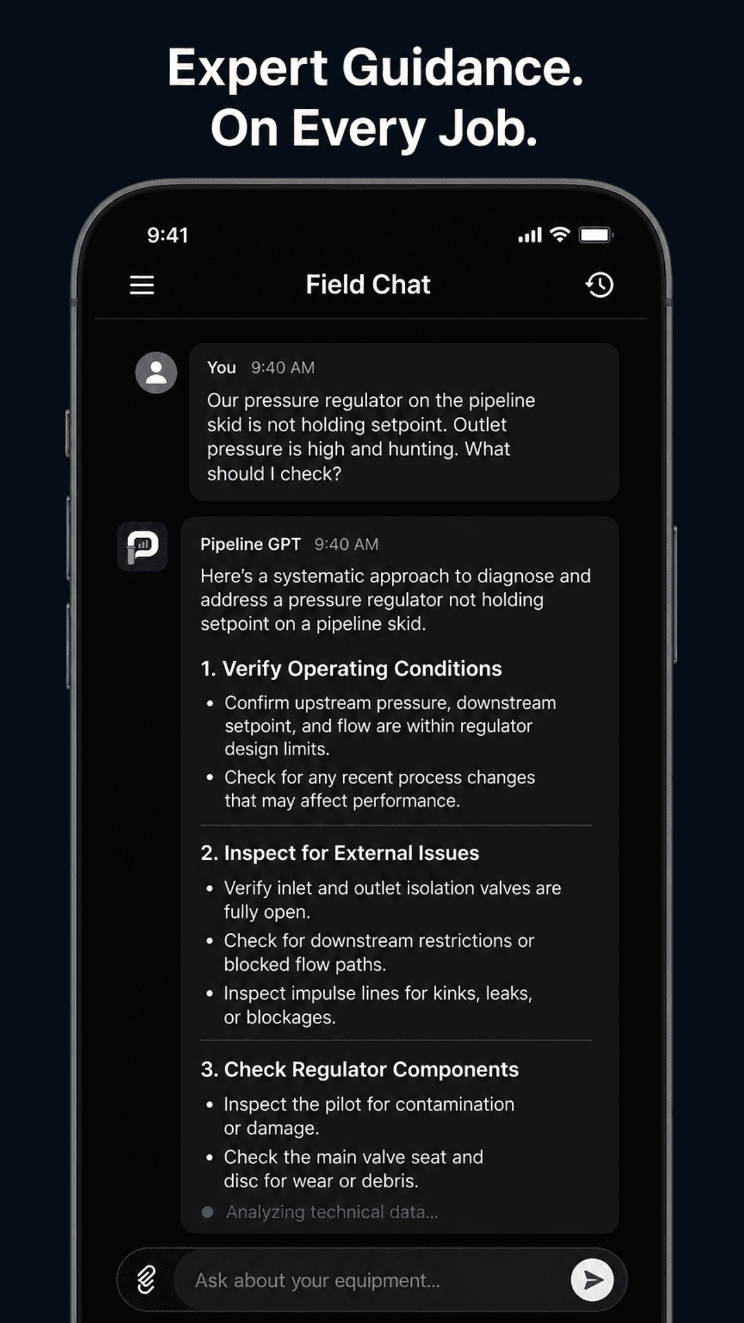 PipelineGPT Android Field Chat — on-site guidance for a pressure regulator