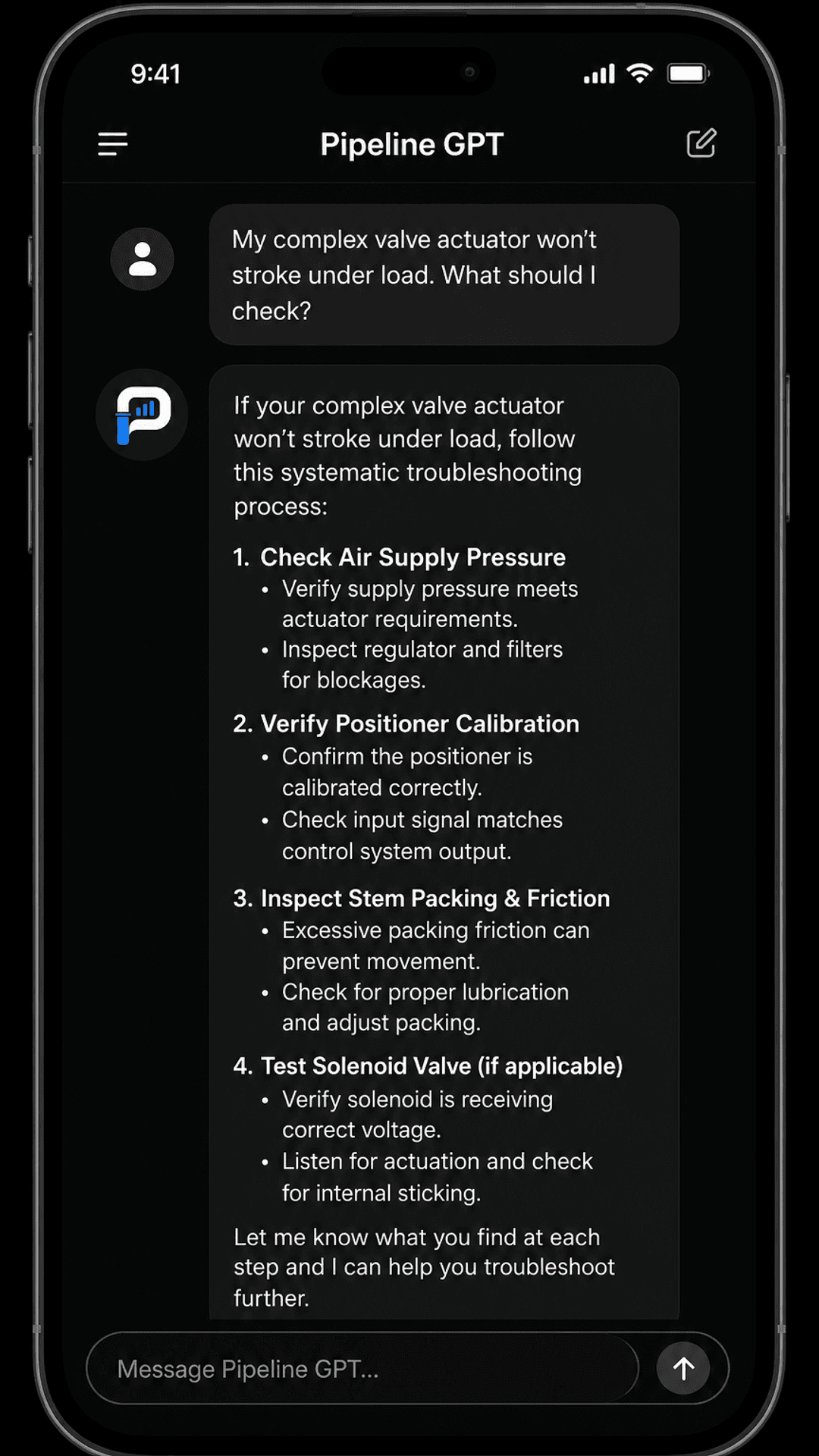 Field Chat troubleshooting pipeline equipment on Android