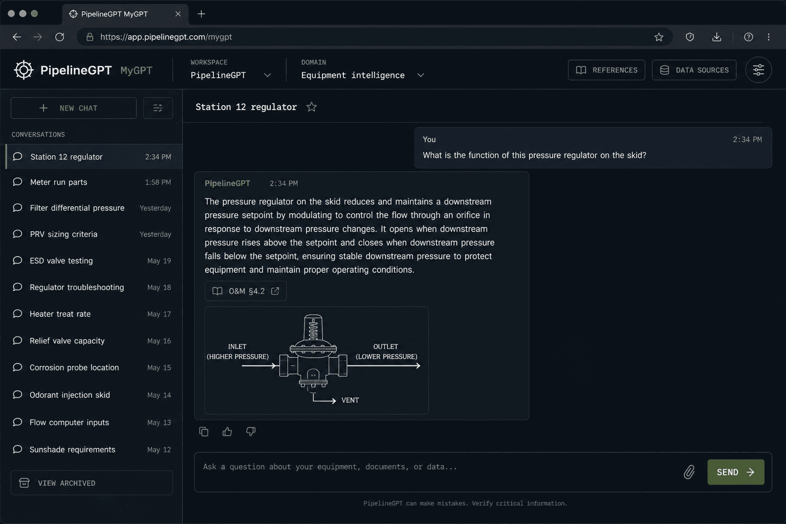 PipelineGPT web chat — equipment questions with cited procedure context